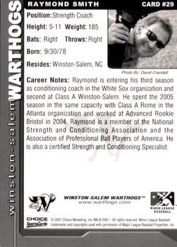 2007 Choice Winston-Salem Warthogs #29 Raymond Smith Back