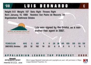 2008 Grandstand Appalachian League Top Prospects #NNO Luis Bernardo Back