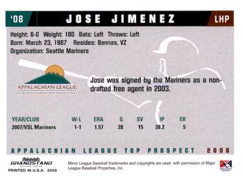 2008 Grandstand Appalachian League Top Prospects #NNO Jose Jimenez Back