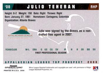 2008 Grandstand Appalachian League Top Prospects #NNO Julio Teheran Back