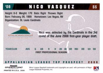 2008 Grandstand Appalachian League Top Prospects #NNO Niko Vasquez Back