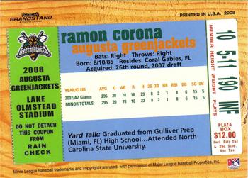 2008 Grandstand Augusta GreenJackets #NNO Ramon Corona Back