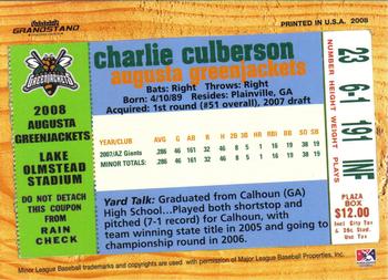 2008 Grandstand Augusta GreenJackets #NNO Charlie Culberson Back