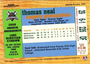 2008 Grandstand Augusta GreenJackets #NNO Thomas Neal Back