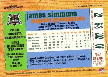 2008 Grandstand Augusta GreenJackets #NNO James Simmons Back