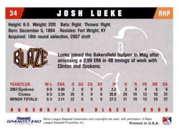 2008 Grandstand Bakersfield Blaze #NNO Josh Lueke Back