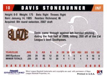 2008 Grandstand Bakersfield Blaze #NNO Davis Stoneburner Back