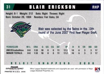 2008 Grandstand Beloit Snappers #7 Blair Erickson Back