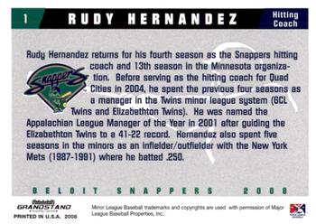 2008 Grandstand Beloit Snappers #9 Rudy Hernandez Back