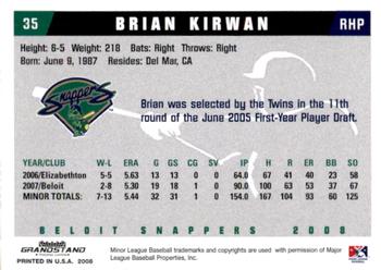 2008 Grandstand Beloit Snappers #11 Brian Kirwan Back