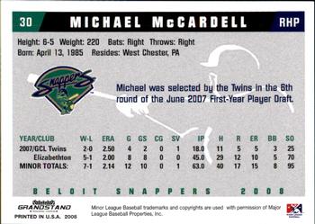 2008 Grandstand Beloit Snappers #16 Michael McCardell Back