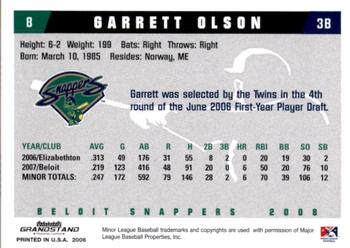 2008 Grandstand Beloit Snappers #18 Garrett Olson Back