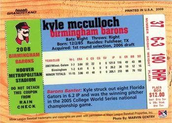 2008 Grandstand Birmingham Barons #NNO Kyle McCulloch Back