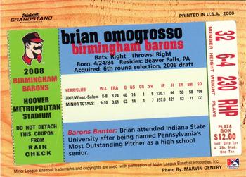 2008 Grandstand Birmingham Barons #NNO Brian Omogrosso Back