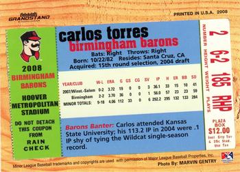 2008 Grandstand Birmingham Barons #NNO Carlos Torres Back