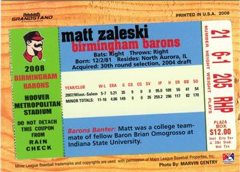 2008 Grandstand Birmingham Barons #NNO Matt Zaleski Back