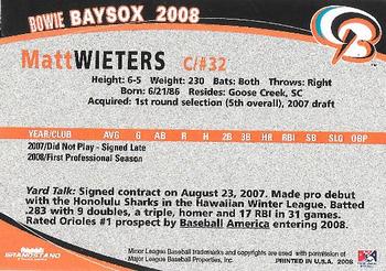 2008 Grandstand Bowie Baysox #NNO Matt Wieters Back