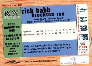 2008 Grandstand Brockton Rox #NNO Rich Babb Back