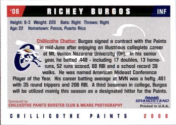 2008 Grandstand Chillicothe Paints #5 Richey Burgos Back