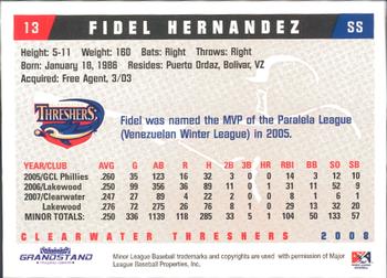 2008 Grandstand Clearwater Threshers #NNO Fidel Hernandez Back