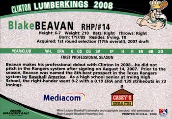 2008 Grandstand Clinton LumberKings #NNO Blake Beavan Back