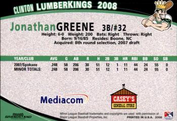 2008 Grandstand Clinton LumberKings #NNO Jonathan Greene Back