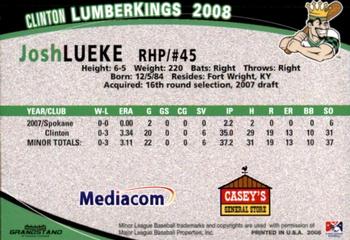 2008 Grandstand Clinton LumberKings #NNO Josh Lueke Back