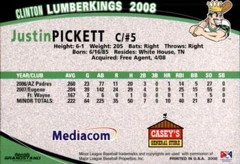 2008 Grandstand Clinton LumberKings #NNO Justin Pickett Back