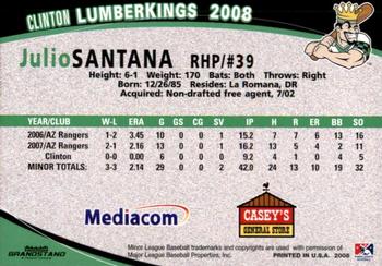2008 Grandstand Clinton LumberKings #NNO Julio Santana Back