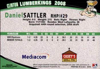 2008 Grandstand Clinton LumberKings #NNO Daniel Sattler Back