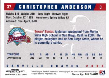 2008 Grandstand Danville Braves #1 Christopher Anderson Back