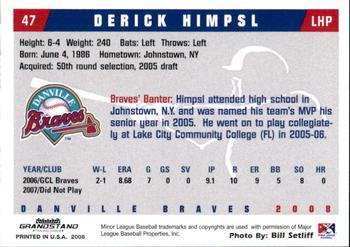 2008 Grandstand Danville Braves #12 Derick Himpsl Back