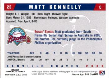 2008 Grandstand Danville Braves #14 Matt Kennelly Back