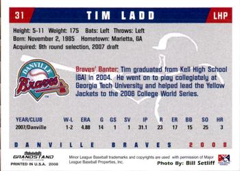 2008 Grandstand Danville Braves #17 Tim Ladd Back