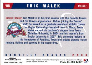 2008 Grandstand Danville Braves #19 Eric Malek Back