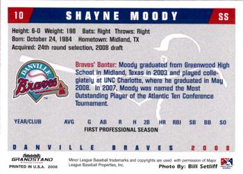 2008 Grandstand Danville Braves #23 Shayne Moody Back