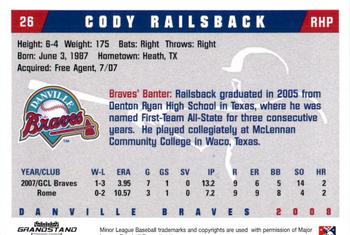2008 Grandstand Danville Braves #25 Cody Railsback Back