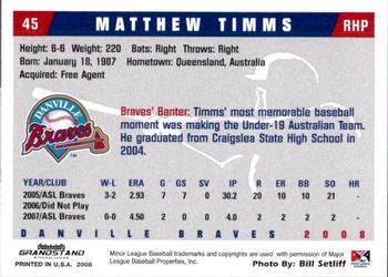 2008 Grandstand Danville Braves #34 Matthew Timms Back