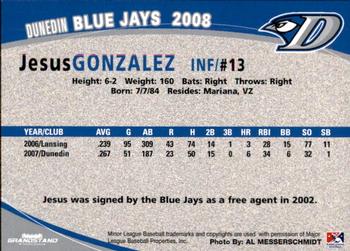 2008 Grandstand Dunedin Blue Jays #NNO Jesus Gonzalez Back