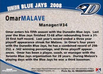 2008 Grandstand Dunedin Blue Jays #NNO Omar Malave Back