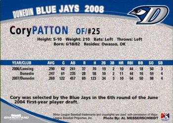 2008 Grandstand Dunedin Blue Jays #NNO Cory Patton Back