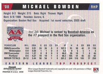 2008 Grandstand Eastern League Top Prospects #NNO Michael Bowden Back