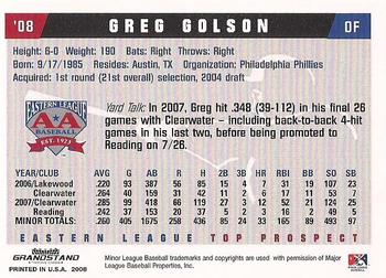2008 Grandstand Eastern League Top Prospects #NNO Greg Golson Back