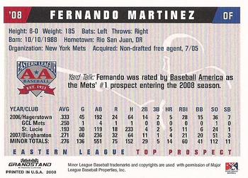 2008 Grandstand Eastern League Top Prospects #NNO Fernando Martinez Back