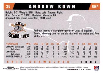 2008 Grandstand Erie SeaWolves #NNO Andrew Kown Back