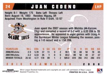 2008 Grandstand Erie SeaWolves #NNO Juan Cedeno Back