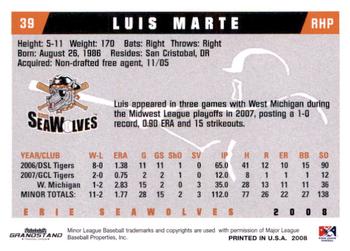 2008 Grandstand Erie SeaWolves #NNO Luis Marte Back