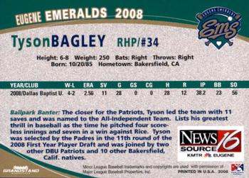 2008 Grandstand Eugene Emeralds #NNO Tyson Bagley Back