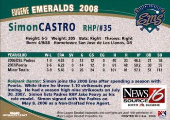 2008 Grandstand Eugene Emeralds #NNO Simon Castro Back