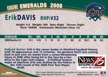 2008 Grandstand Eugene Emeralds #NNO Erik Davis Back